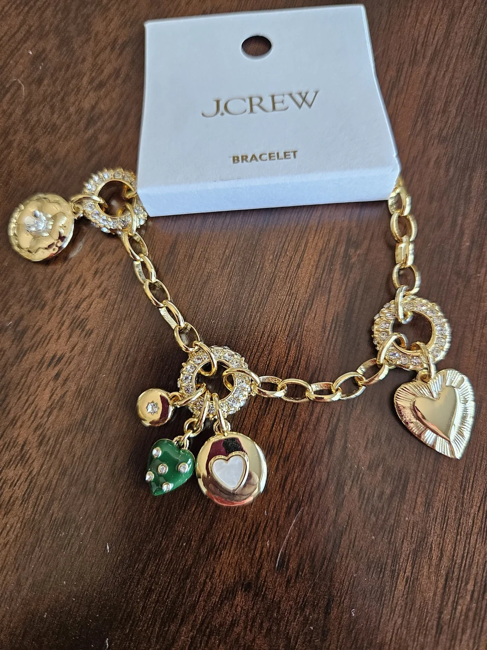 J.Crew Heart Charm Pave Double Chainlink Bracelet, Gold/ Green